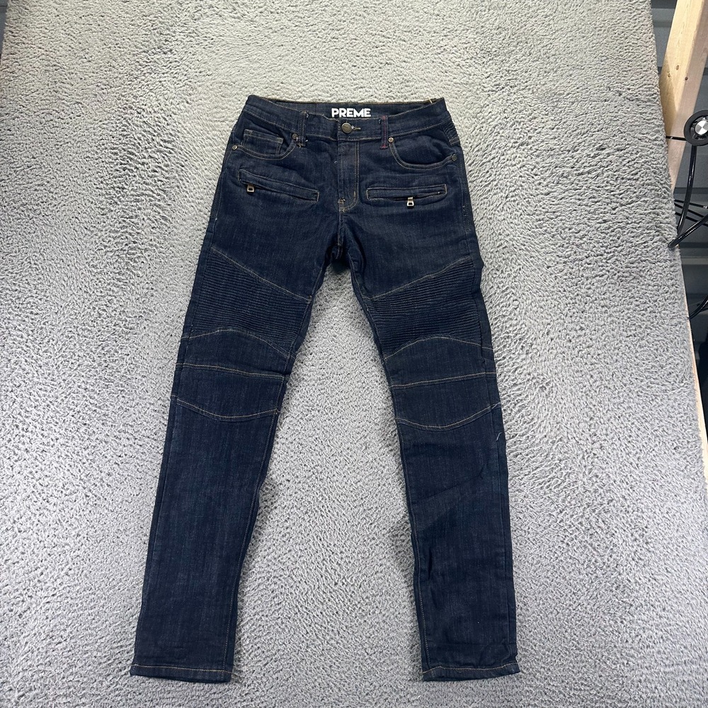 Preme Jeans Mens 34x33 Blue Cotton Denim Straight Biker Workwear Travel Stretch
